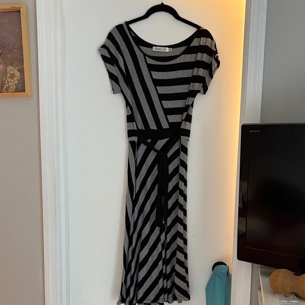 Sunny Girl Black and Gray Striped Midi Dress